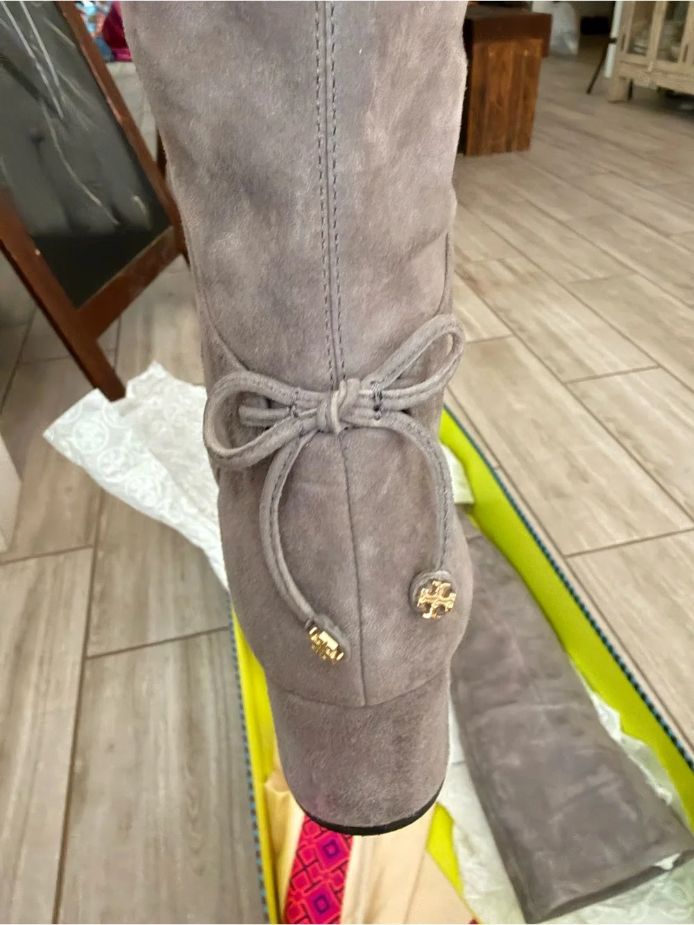 Tory Burch Over-the-Knee Stretch Suede Boots in carbon 021 with Logo Tie